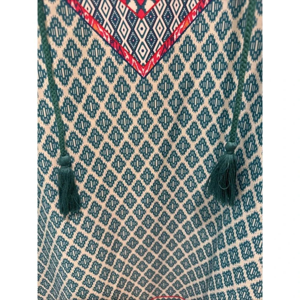 Urban Coco Tunic Dress Size XL Colorful Blue Ruched 3/4 Sleeves Boho Shirt Dress